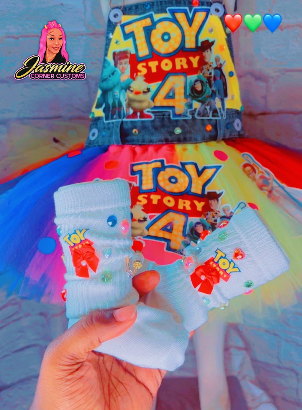 CUSTOM TOY STORY TUTU OVERALL OUTFIT WITH SHOES AND JUNK SOCKS