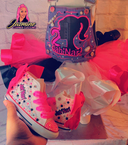 CUSTOM BARBIE TUTU OVERALLS WITH SHOES AND JUNK SOCKS ( NO SHIRT )