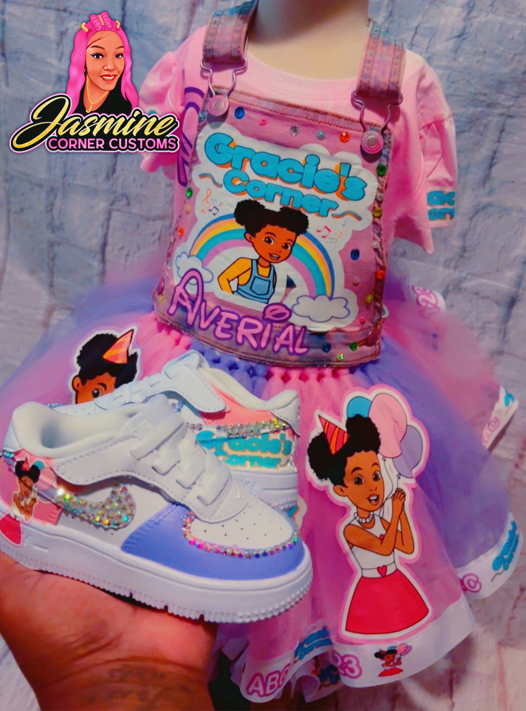 CUSTOM GRACIE CORNER TUTU OVERALLS OUTFIT WITH SHOES