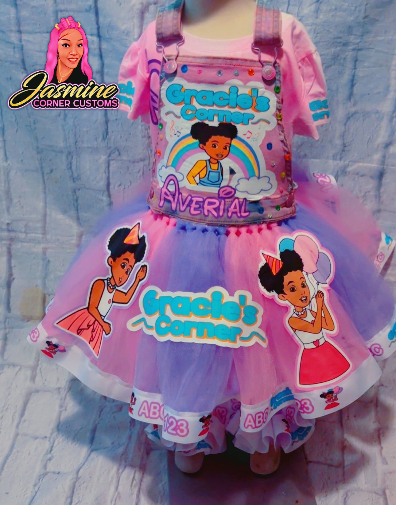 CUSTOM GRACIE CORNER TUTU OVERALLS OUTFIT WITH SHOES