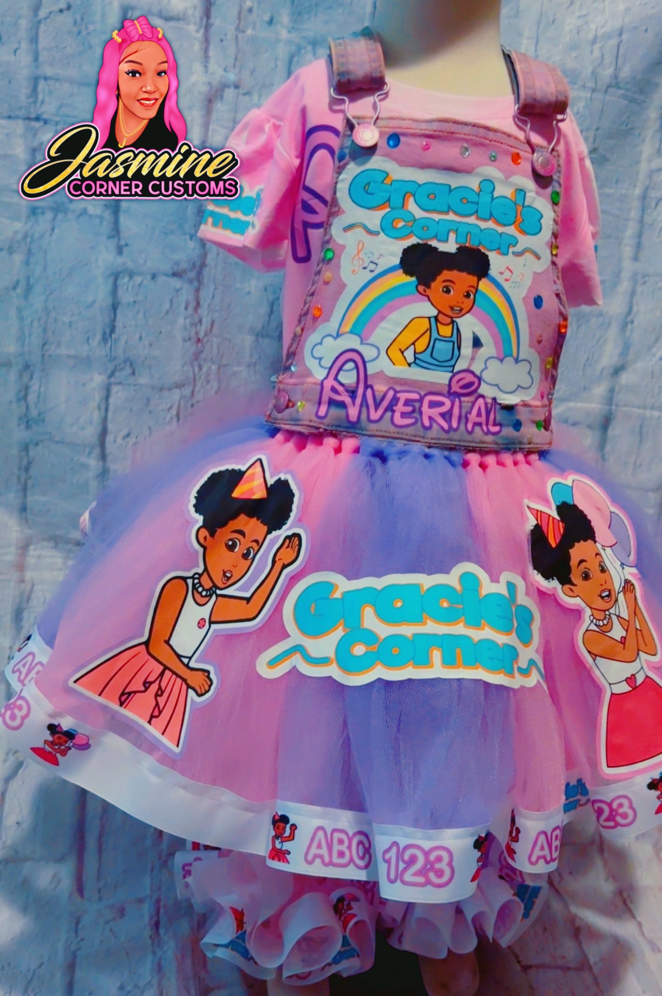 CUSTOM GRACIE CORNER TUTU OVERALLS OUTFIT WITH SHOES