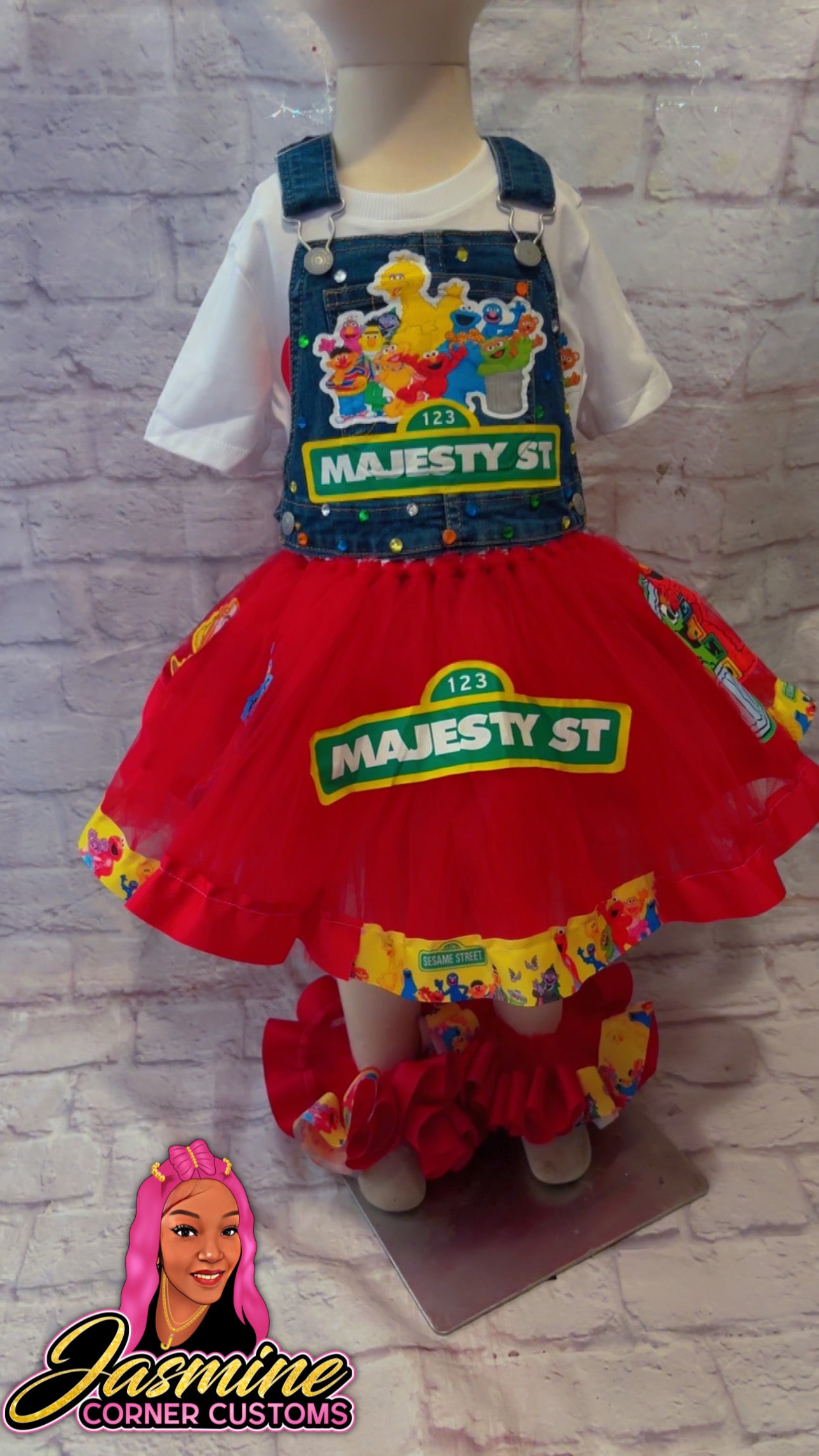 CUSTOM SESAME STREET TUTU OVERALLS OUTFIT WITH TUTU ANKLETS