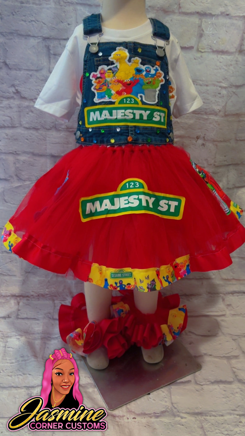 CUSTOM SESAME STREET TUTU OVERALLS OUTFIT WITH TUTU ANKLETS