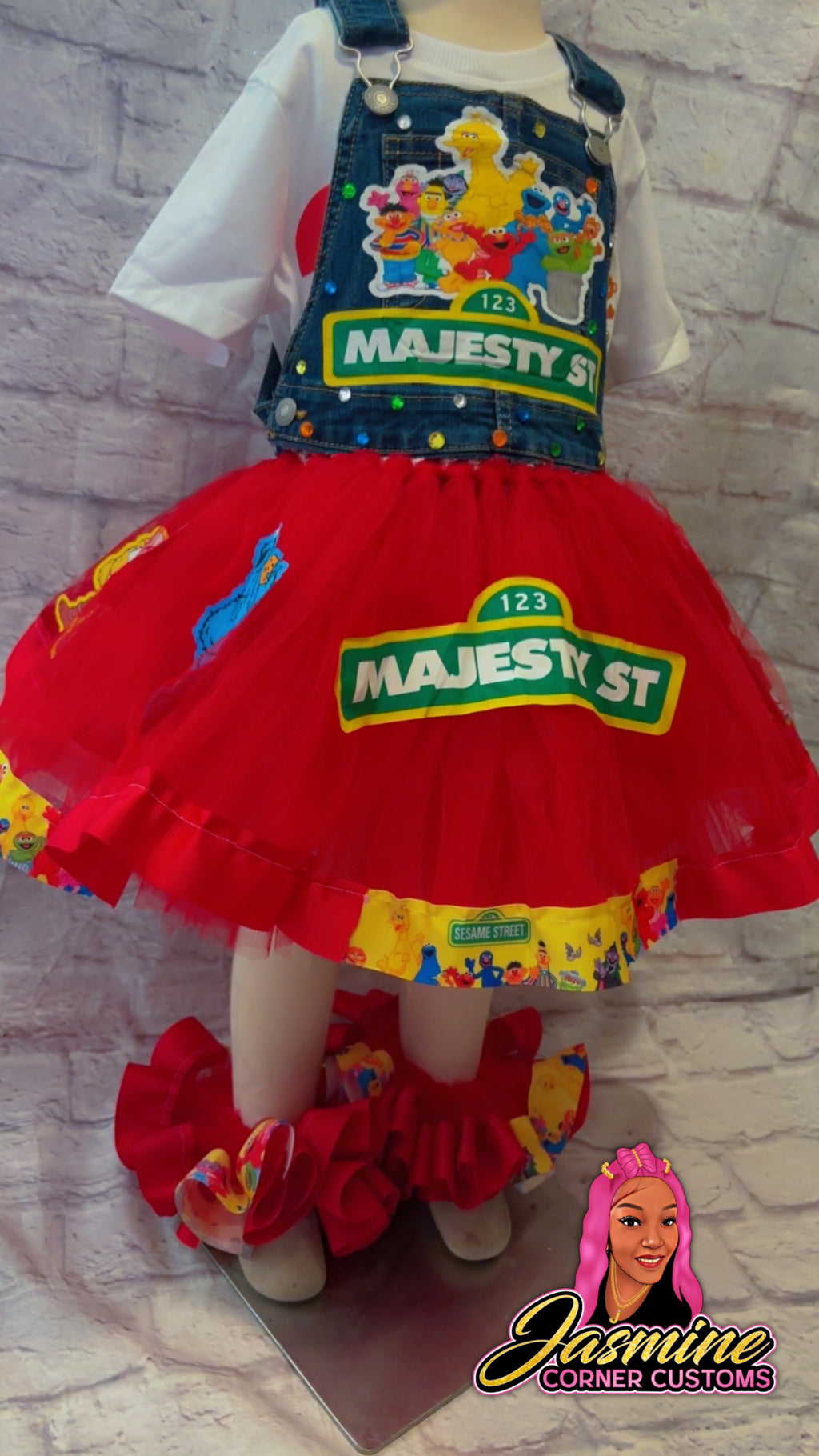 CUSTOM SESAME STREET TUTU OVERALLS OUTFIT WITH TUTU ANKLETS