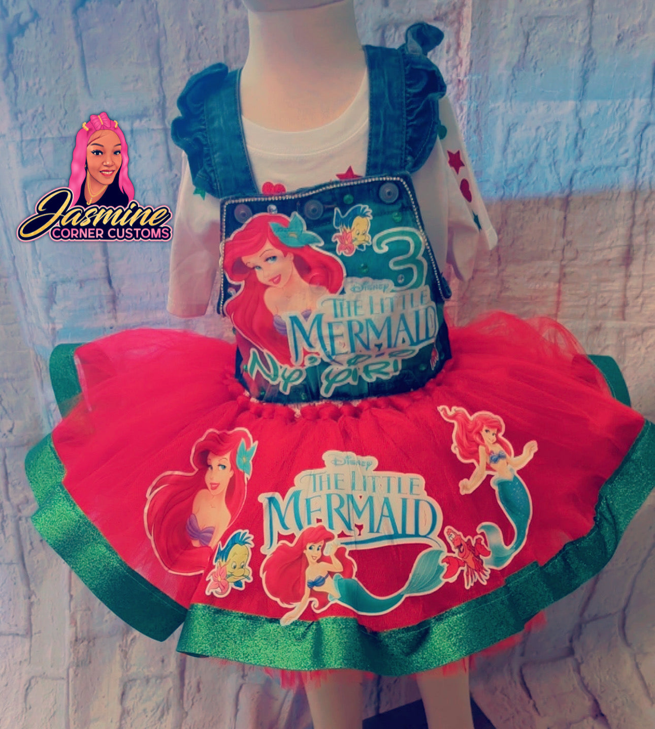 CUSTOM LITTLE MERMAID TUTU OVERALLS OUTFIT WITH SHOES AND JUNK SOCKS