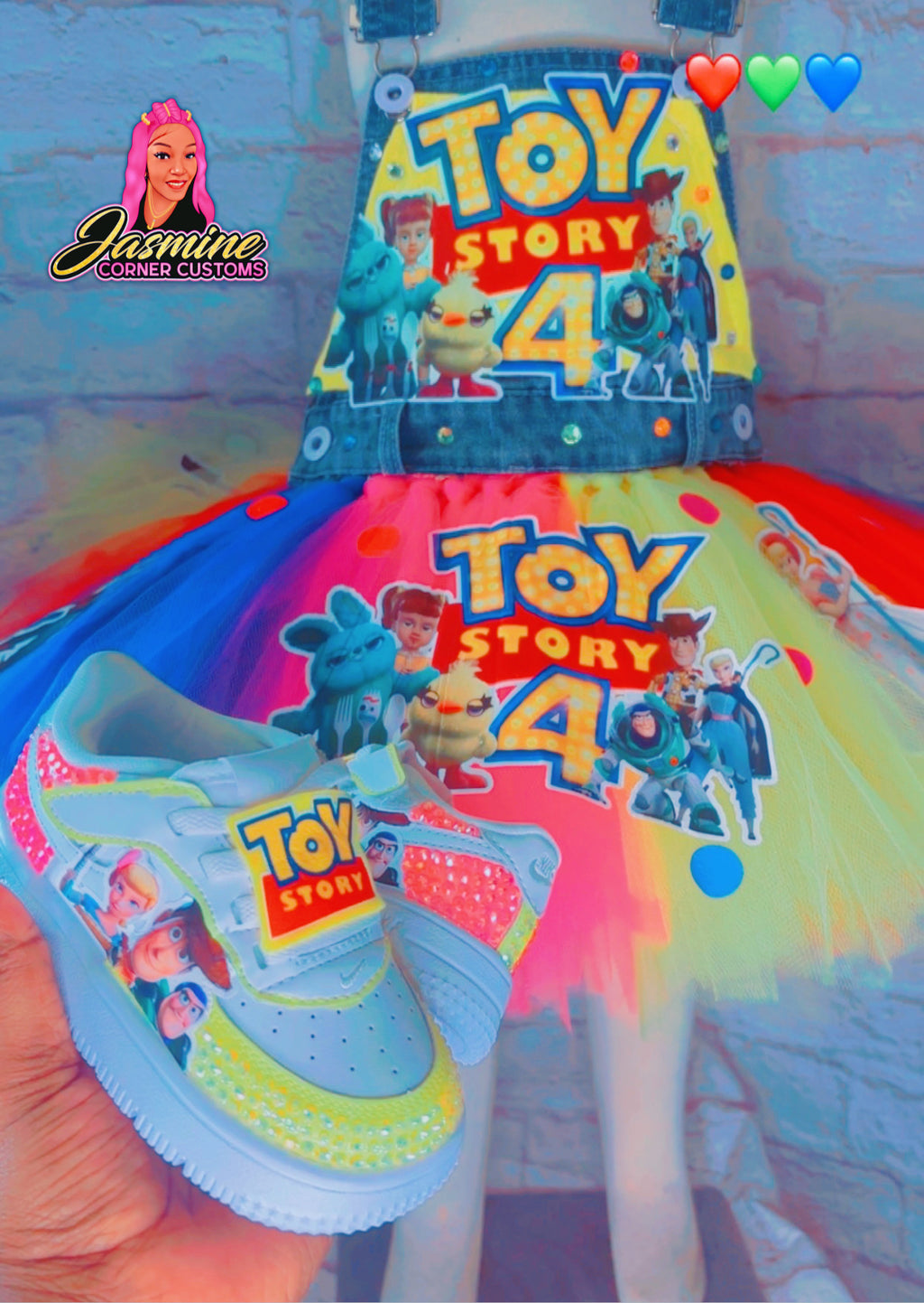 CUSTOM TOY STORY TUTU OVERALL OUTFIT WITH SHOES AND JUNK SOCKS