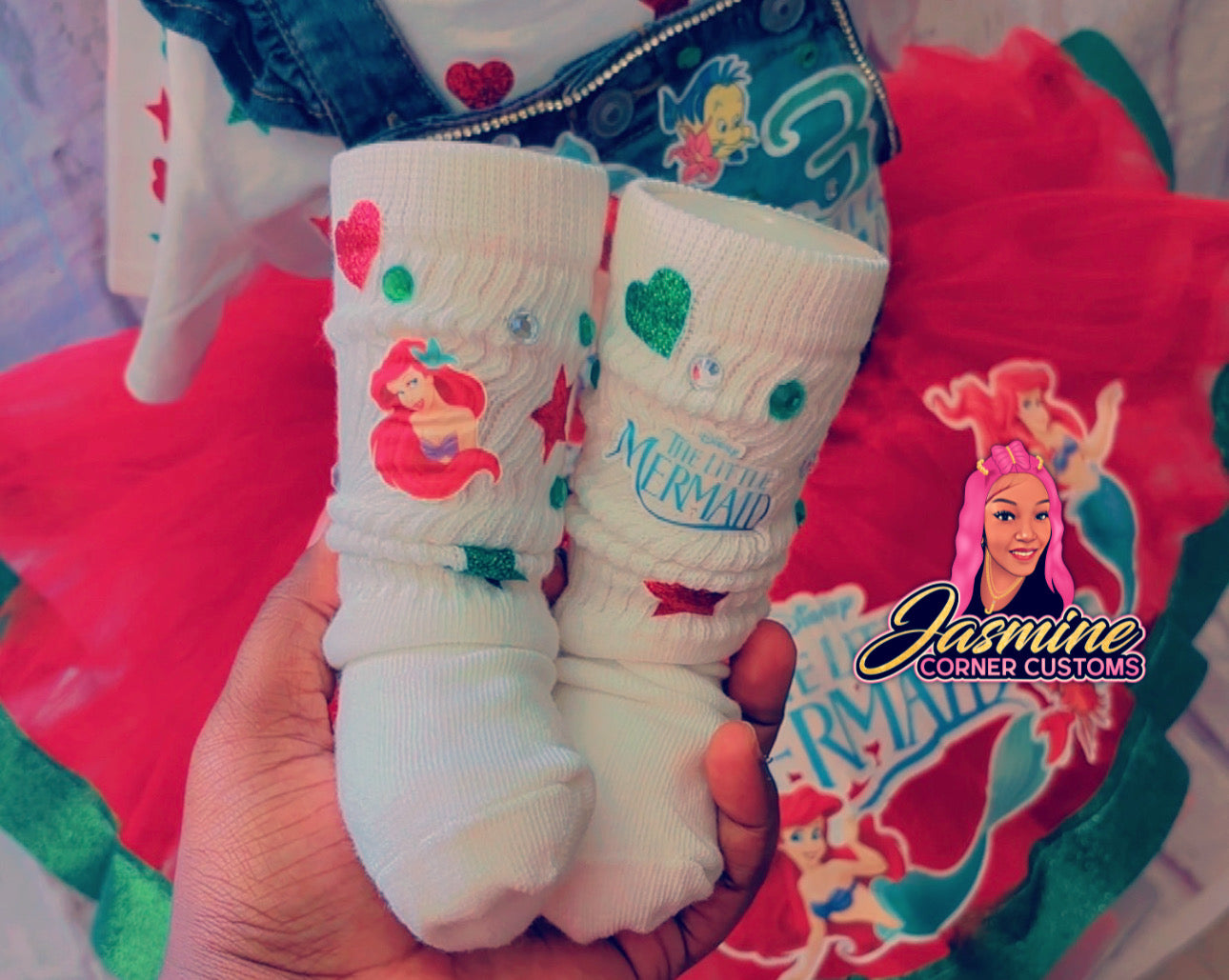 CUSTOM LITTLE MERMAID TUTU OVERALLS OUTFIT WITH SHOES AND JUNK SOCKS