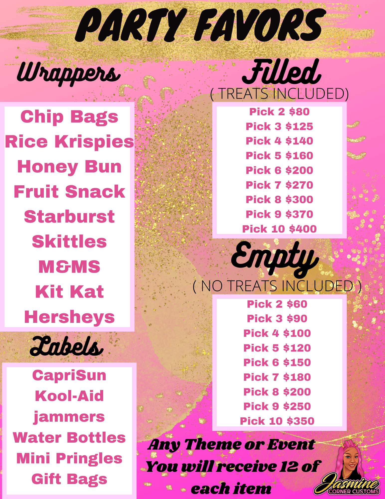 CUSTOM PARTY FAVORS ( TREATS INCLUDED )